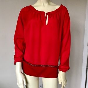 NY&Co red scoop neck top with tie and sequin band